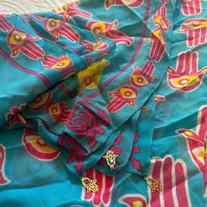 SOLD | Gauzy Scarf from Vietnam | Blue Pink and Yellow Hamsa Evil Eye Scarf